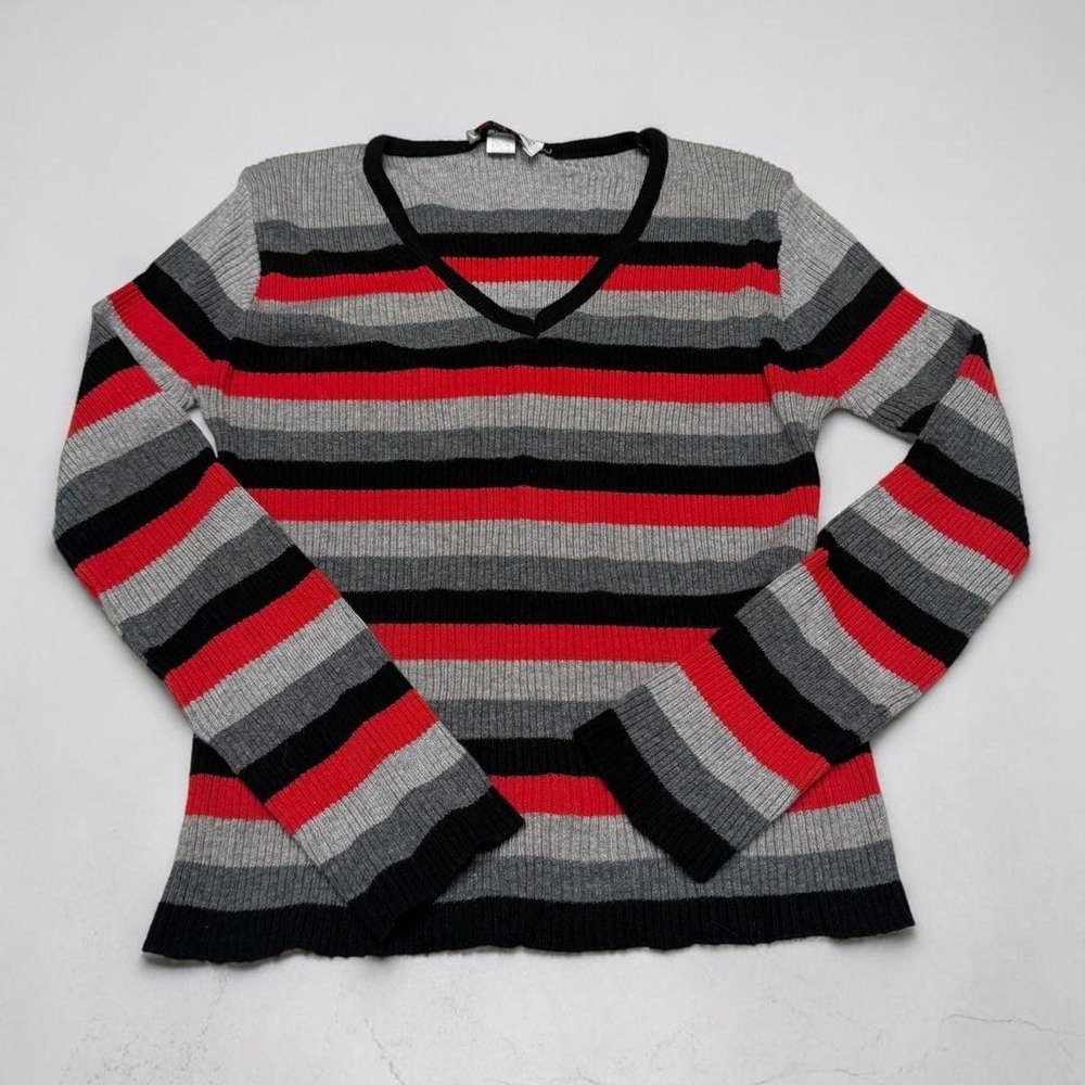 Vintage Lipstick D'Amore Red Grey and Black Striped Ribbed V-Neck Sweater - S